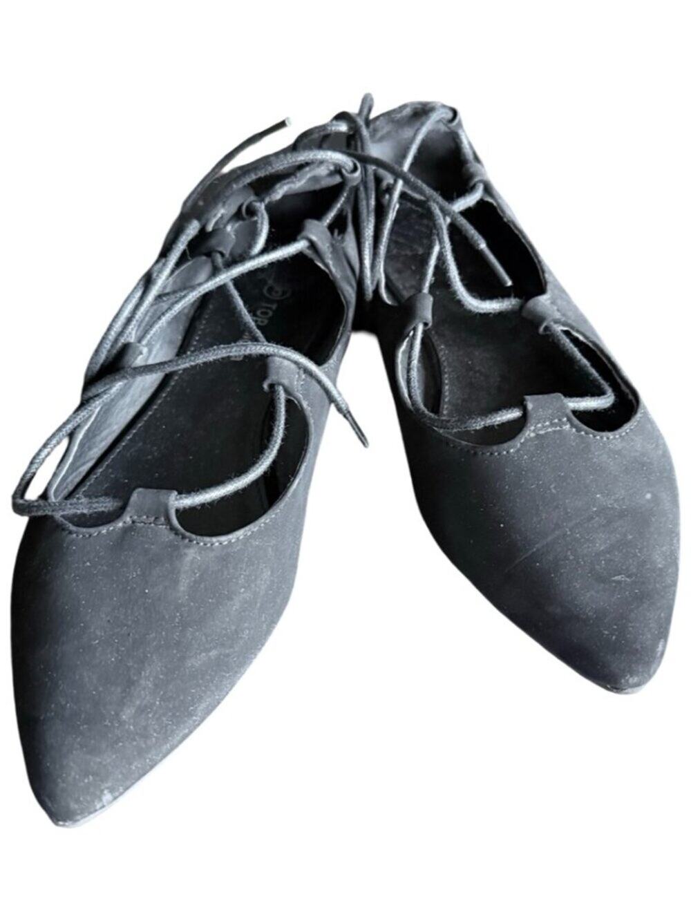 TOP Moda Black Pointed Toe Lace-Up Ghillie Ballet Flats - Size 5